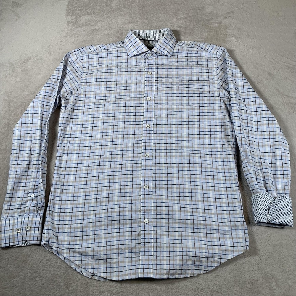 Bugatchi Shirt Mens Medium Blue Brown Plaid Shaped Fit Long Sleeve Button Up